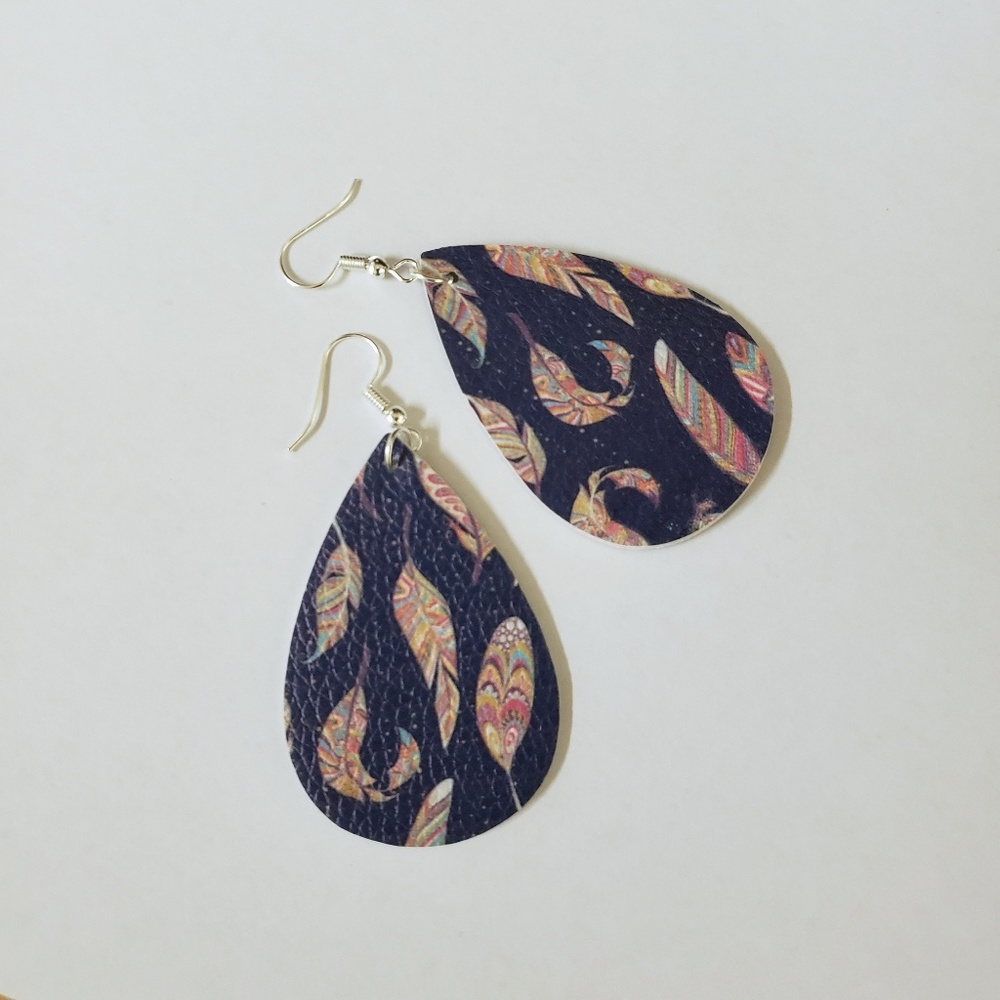 Navy Teardrop Feather Print Earrings - Lightweight Statement Dangles